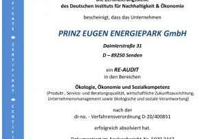 Zertifikat für Ökologie, Ökonomie und Sozialkompetenz für Prinz-Eugen-Energiepark 2020